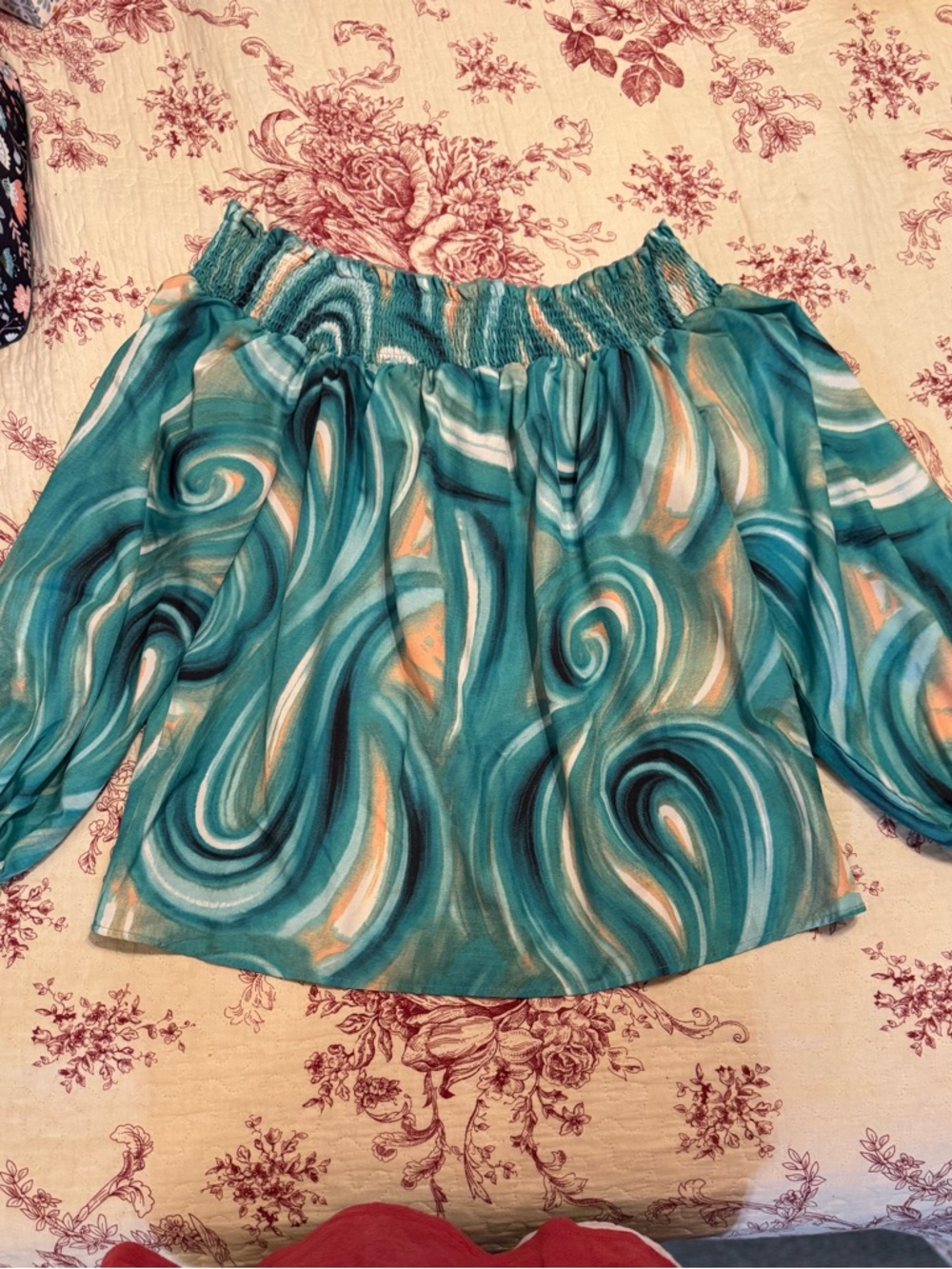SHEIN Teal Swirl Off-Shoulder Blouse with Peach Accents